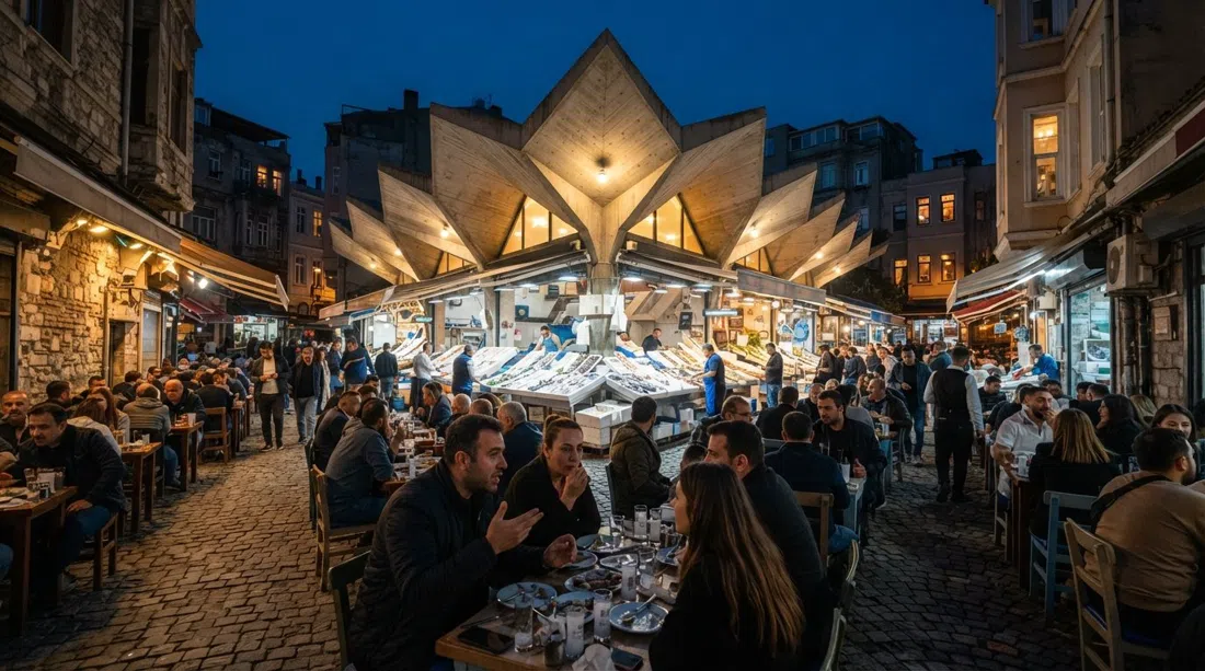 das dreieckige Betonvordach des Beşiktaş-Fischmarkts in der Abenddämmerung, Tavernentische füllen die umliegenden Gassen und warmes Licht sammelt sich unter der Struktur