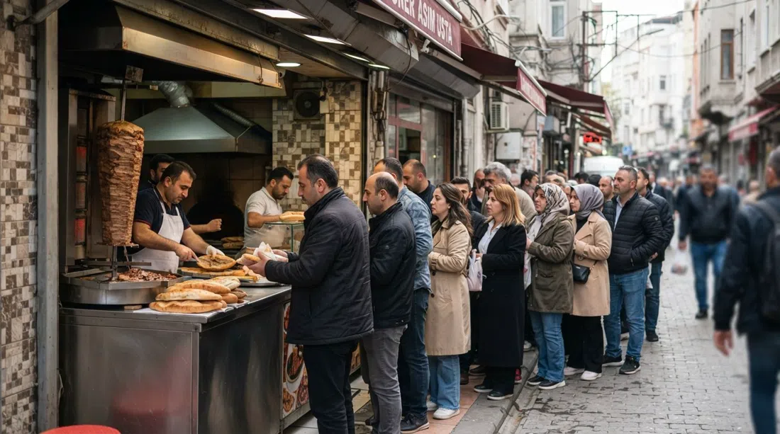 eine Mittagsschlange vor Karadeniz Döner Asım Usta in der Köyiçi Caddesi, der schmale Laden voller Einheimischer und Döner, der in selbstgebackenem Pide eingewickelt wird