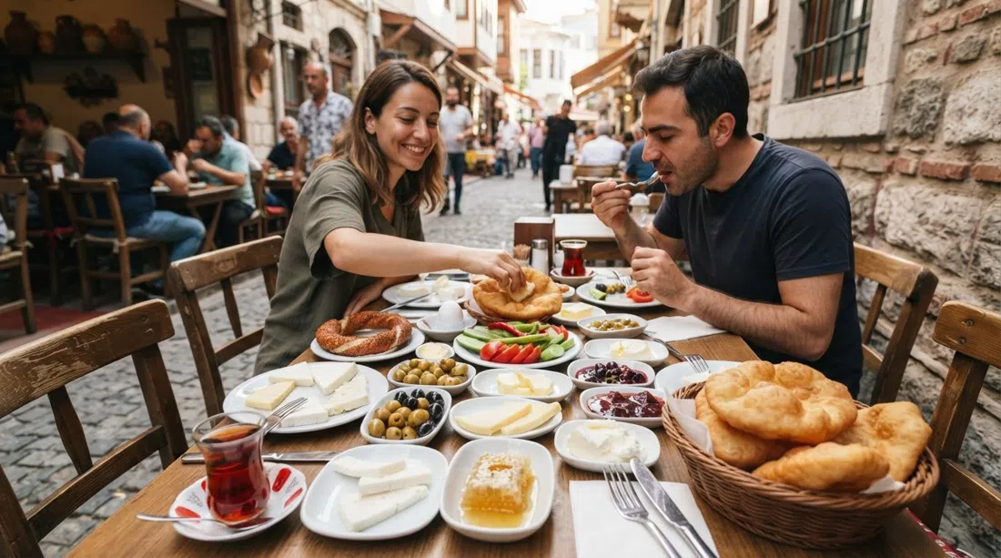 ein Serpme Kahvaltı-Tisch im Çakmak Kahvaltı Salonu in der Çelebi Oğlu Sokak, überladen mit Käsesorten, Oliven, Honig, Marmeladen und warmem Pişi