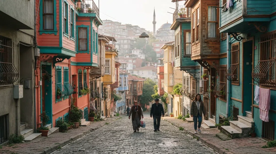 terrazas de madera pintadas en Kiremit Caddesi en Balat, fachadas en verde azulado y coral que trepan por una empinada calle adoquinada bajo una luz suave matutina