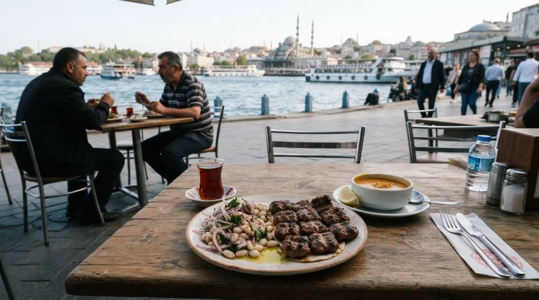 el plato sencillo de köfte a la parrilla con piyaz y sopa de lentejas en Köfteci Arnavut, sobre una mesa sin pretensiones cerca del paseo marítimo