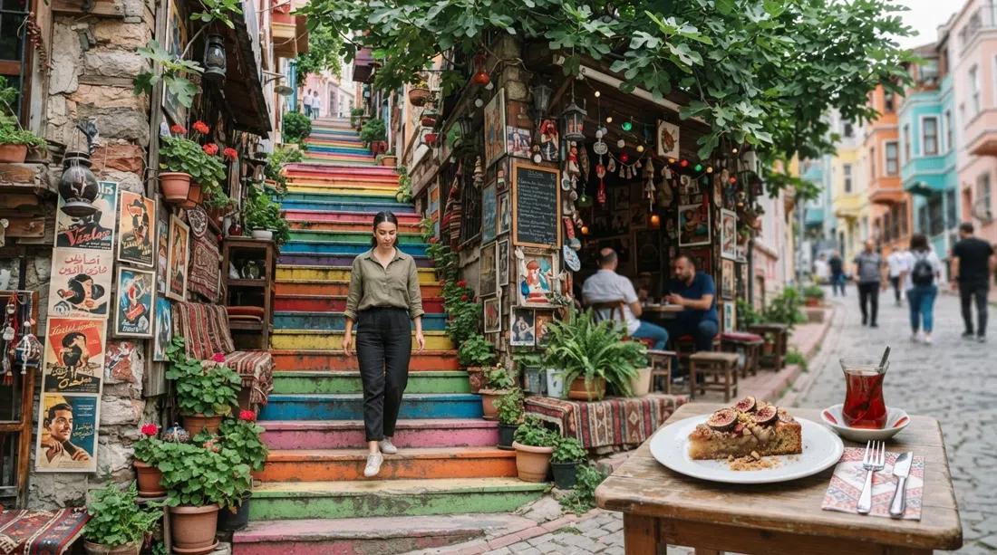 las escaleras arcoíris junto a İncir Ağacı Kahvesi, con el frente del café de la higuera, carteles de cine y un plato de pastel de higo en el encuadre