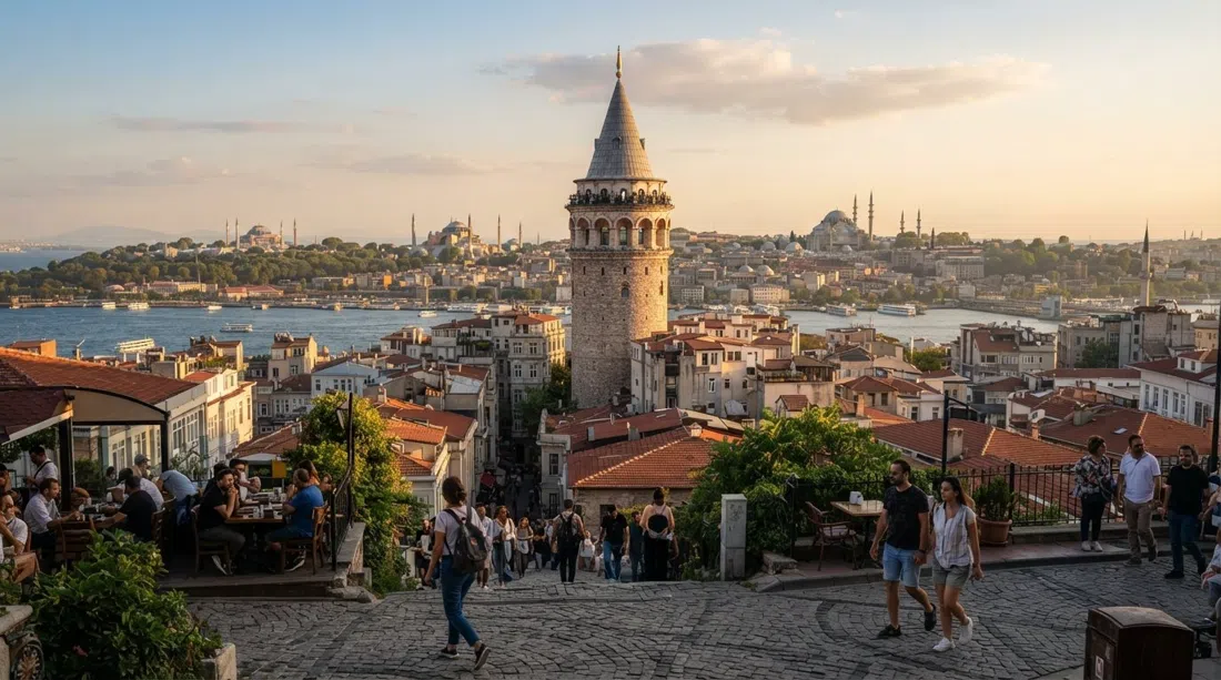 Galata-Turm zur goldenen Stunde, der genuesische Steinzylinder von 1348 erhebt sich über den umliegenden Dächern mit der Altstadt-Skyline und dem Goldenen Horn im Hintergrund