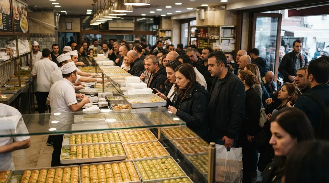 Karaköy Güllüoğlu am Rıhtım, eine Stehkundschaft an der Theke unter hellen Ladenlichtern mit Tabletts voller Pistazien-Baklava im Vordergrund