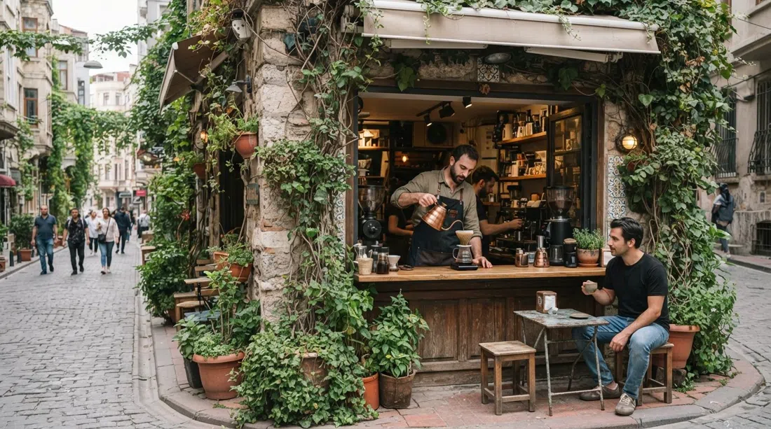 Kronotrop an einer weinumrankten Karaköy-Ecke, ein Barista gießt einen Single-Origin-Kaffee unter hängendem Grün und alten Steinmauern ein