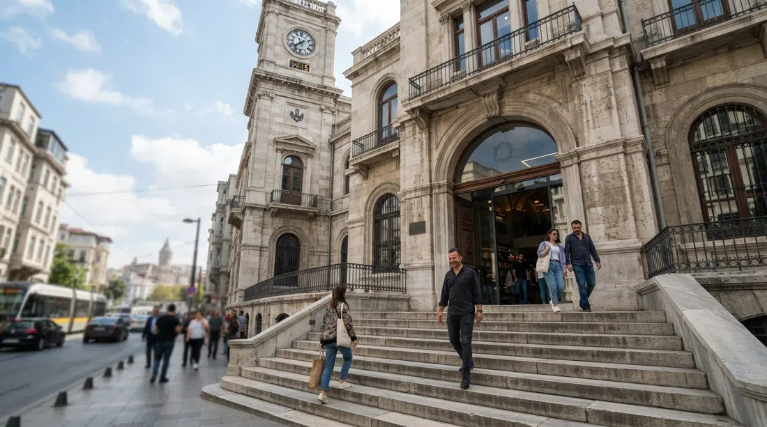 SALT Galata im restaurierten Gebäude der Ottomanischen Bank, die Steinfassade und breiten Stufen, die an einem klaren Tag in das kostenlose Kulturzentrum führen