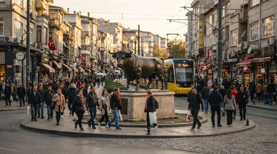 die bronzene Stierstatue am Altıyol in Kadıköy, Fußgänger umkreisen die Kreuzung im späten Nachmittagslicht, Marktstraßen und Straßenbahndrähte ringsum