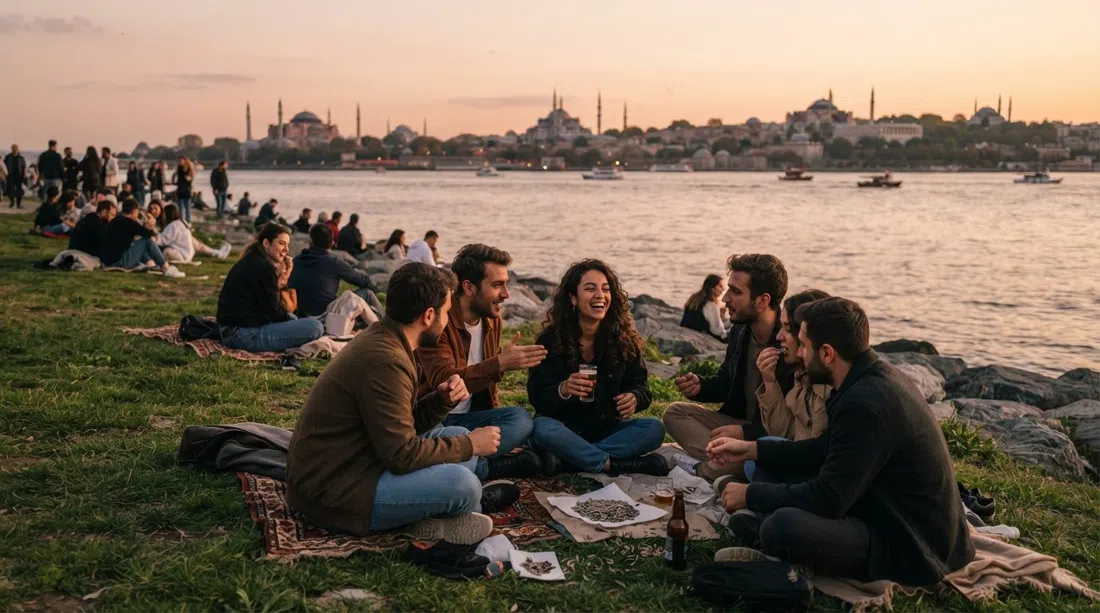 Modas Uferpromenade bei Sonnenuntergang, Einheimische sitzen am grasbewachsenen Ufer mit Bier und Sonnenblumenkernen, in der Ferne die Kuppeln der Altstadt über dem Marmarameer