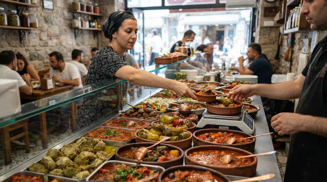 die Theke bei Çiya Sofrası an der Güneşlibahçe Sokak, Tabletts mit regionalen Mezzes und Eintöpfen unter hellem Innenlicht, Hände wählen Gerichte nach Gewicht