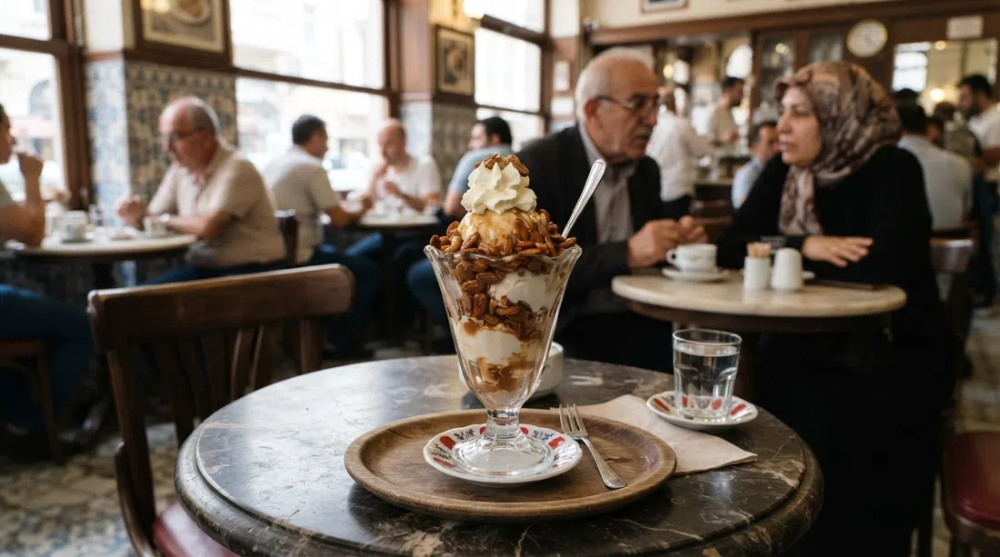 ein hoher Kup Griye bei Baylan Pastanesi in einem Glasbecher, Eiscreme, karamellisierte Mandeln und Chantilly säuberlich auf einem Café-Tisch gestapelt