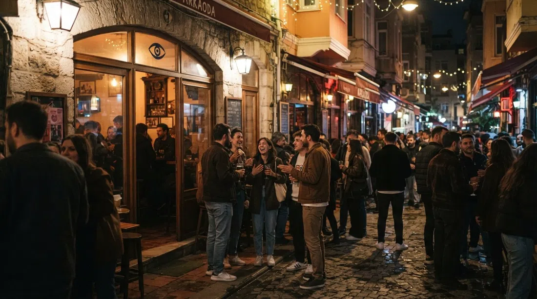 Arkaoda an der Kadife Sokak bei Nacht, erleuchtete Fenster, Menschen vor dem Café-Bar-Eingang versammelt, die Straße dicht mit Nachtleben