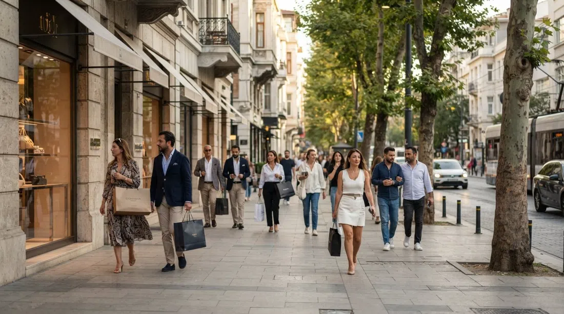 Abdi İpekçi Caddesi a Nişantaşı nel tardo pomeriggio, vetrine di lusso e marciapiede alberato con pedoni eleganti e borse firmate