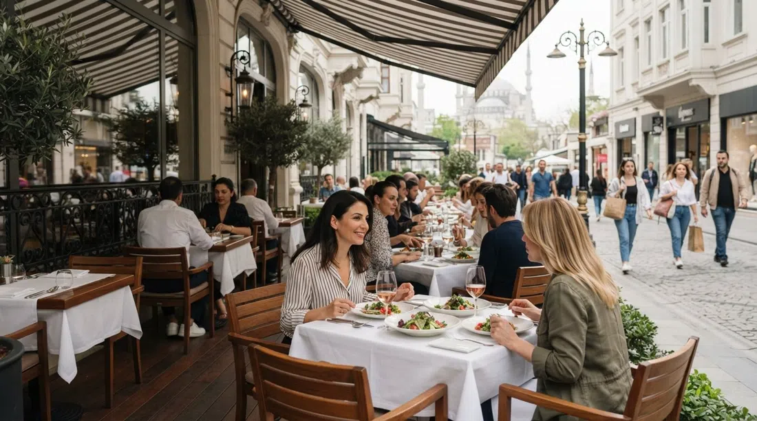 Terrazza di Beymen Brasserie su Abdi İpekçi, tavoli lucidi che danno sulla strada con acquirenti e servizio pranzo alla luce soffusa