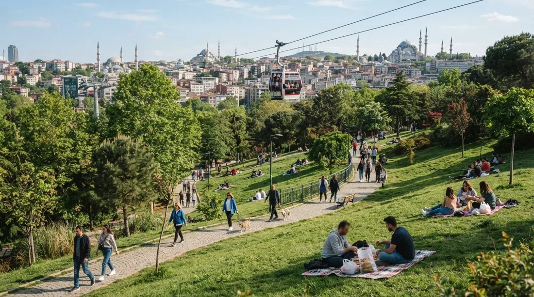 Parco Maçka Democrazia in una giornata limpida, prati in pendenza, coperte da picnic, passanti e la funivia che attraversa la valle
