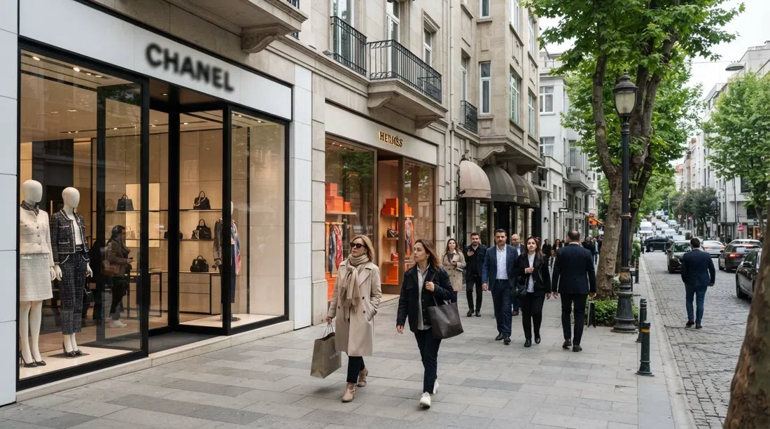 Vetrine di Abdi İpekçi Caddesi con insegne Chanel e Hermès, finestre lucide e pedoni sulla strada commerciale più costosa della Turchia