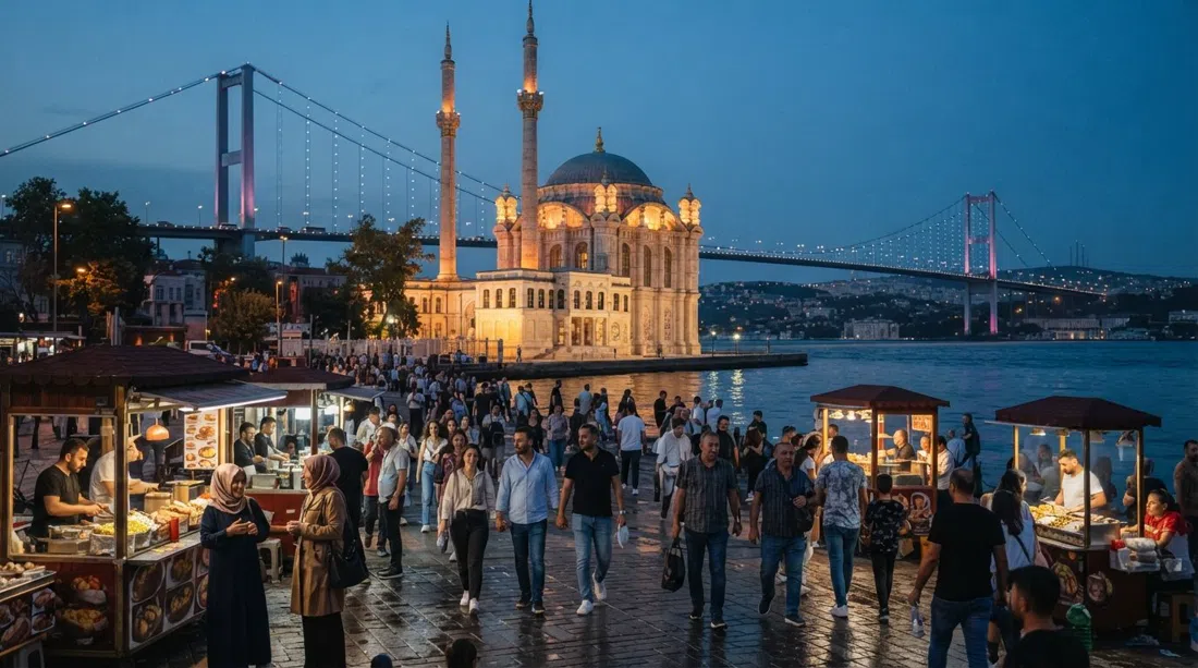 Mezquita de Ortaköy y el Puente del Bósforo alineados al atardecer, la plaza abajo llena de peatones y puestos de kumpir