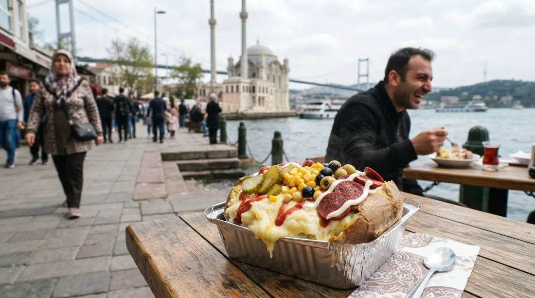 un kumpir de Ortaköy en bandeja de aluminio cargado con mantequilla, kaşar, encurtidos, maíz, aceitunas y salchichón junto al frente marítimo