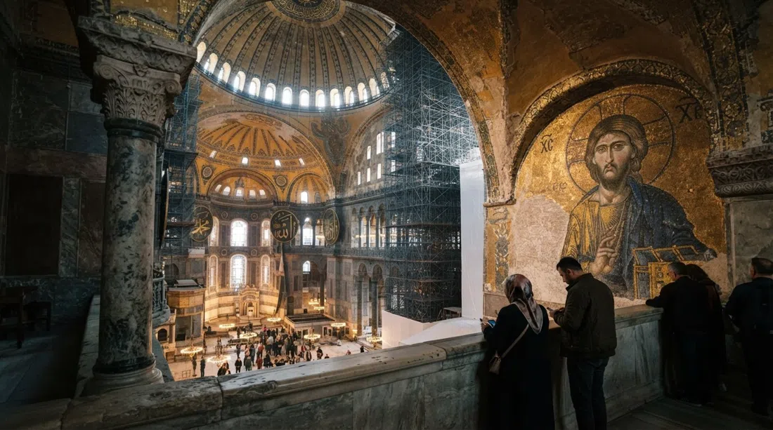 Hagia Sophia vista dall'area visitabile della galleria superiore, con mosaici bizantini in primo piano e la vasta cupola centrale che si erge dietro le impalcature del tardo pomeriggio