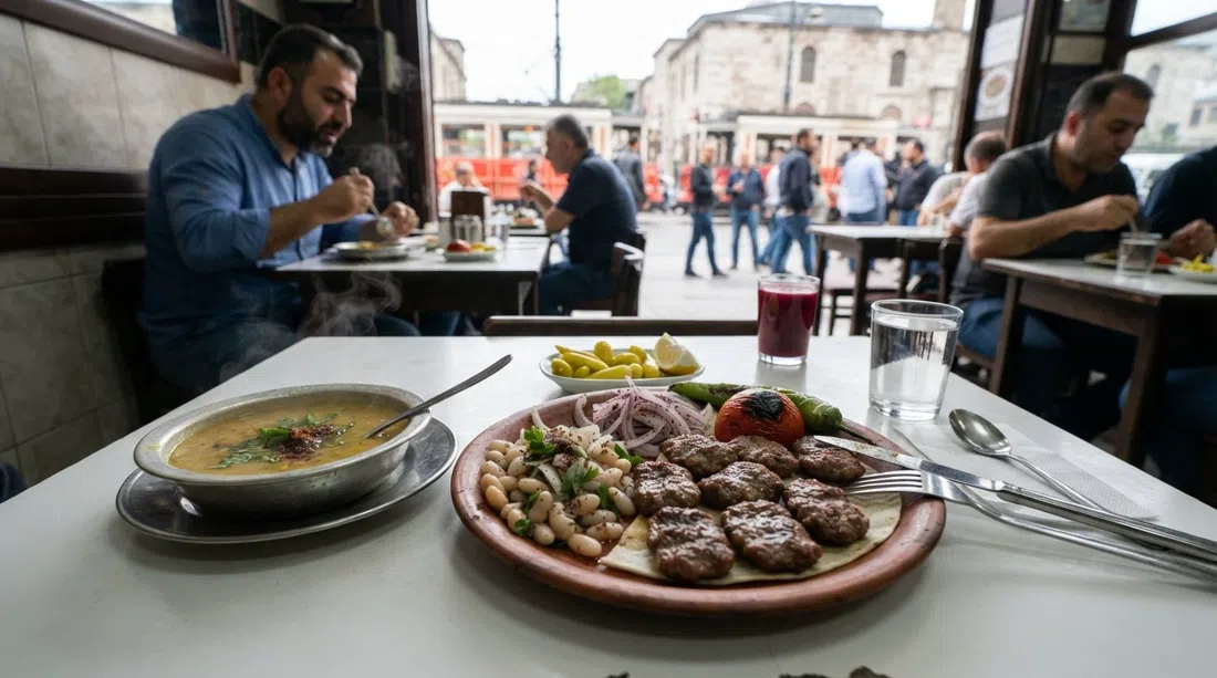 un piatto di köfte di manzo alla griglia con piyaz, peperoni sott'aceto e zuppa di lenticchie da Tarihi Sultanahmet Köftecisi Selim Usta, servito semplicemente su un tavolo bianco vicino a Divan Yolu