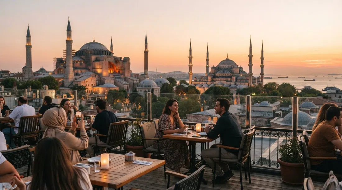 tramonto dal rooftop del Seven Hills Restaurant, con Hagia Sophia, la Moschea Blu e il Mar di Marmara visibili nella luce calda