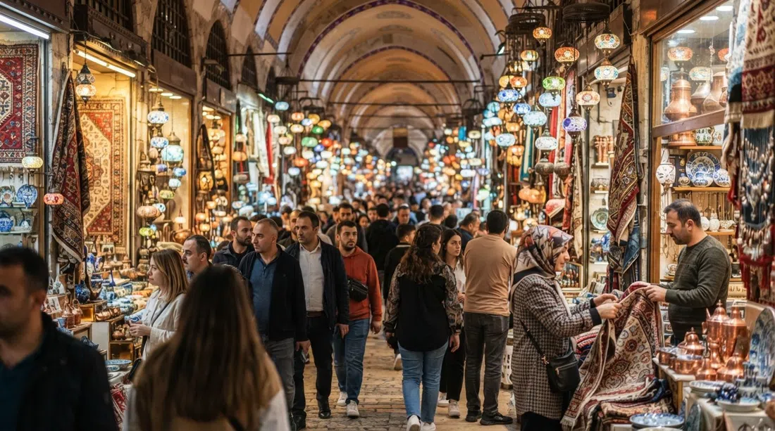i vicoli coperti del Gran Bazar con lampade appese, tappeti e vetrine sotto una calda luce artificiale, visti da un corridoio affollato