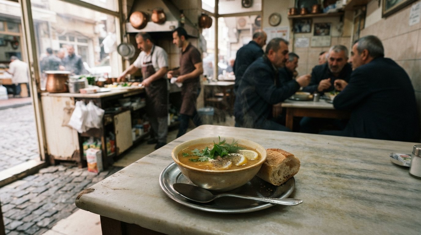 a plate of balık çorbası at Adem Baba, simple fish soup served in a no-frills seafood room with daylight from the street