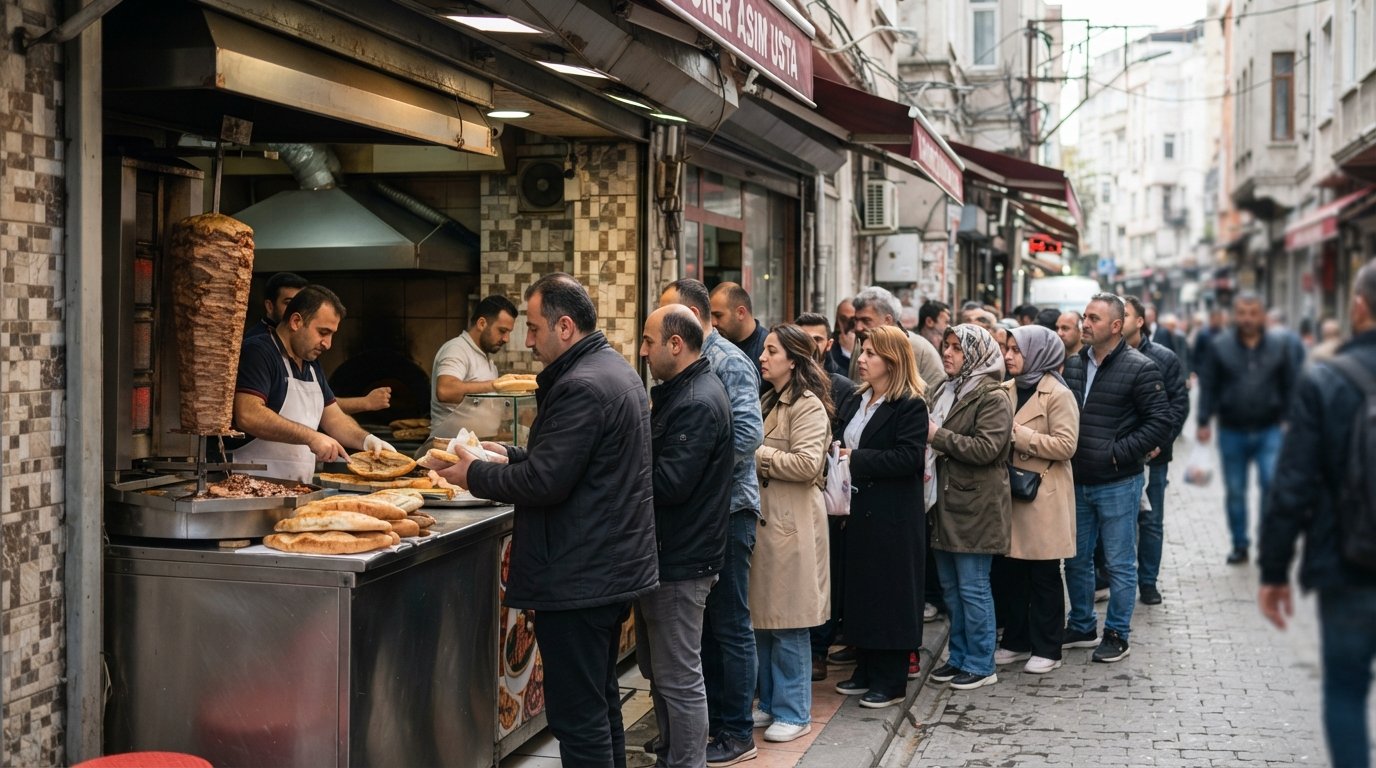 a lunchtime queue outside Karadeniz Döner Asım Usta on Köyiçi Caddesi, the narrow storefront busy with locals and döner being wrapped in home-baked pide