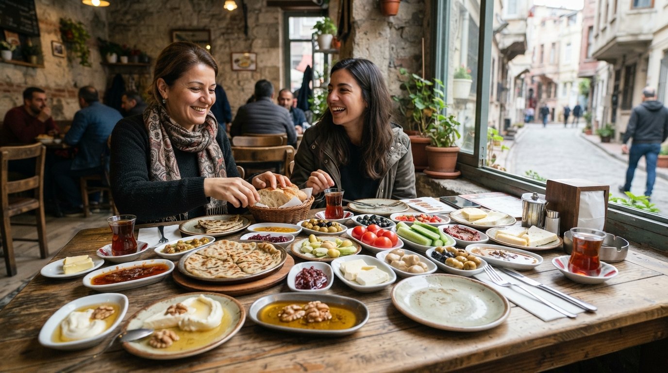 a long Van breakfast spread at Van Kahvaltı Evi, small plates of cheeses, kaymak with honey, murtuğa, olives, bread and tea packed onto a Cihangir café table