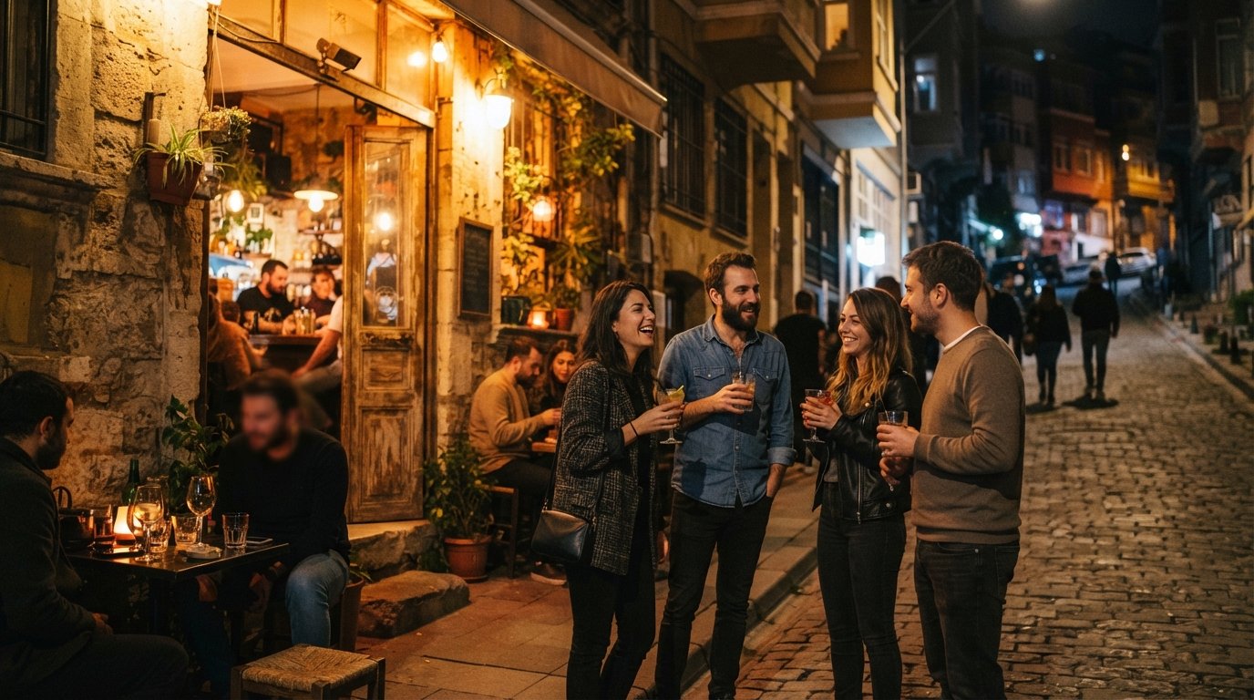 Geyik Coffee Roastery & Cocktail Bar on Akarsu Yokuşu at night, patrons standing on the curb with cocktails as warm light spills onto the street