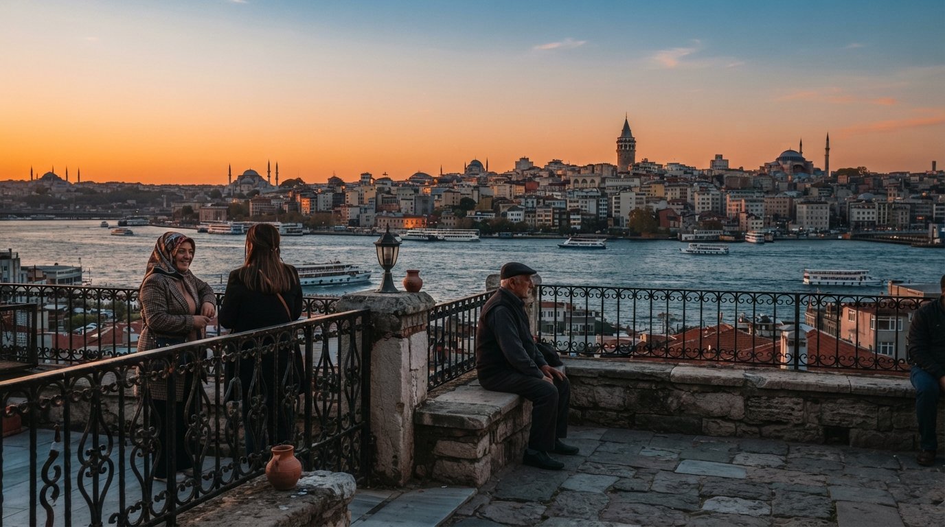 the garden terrace of Cihangir Mosque at sunset, Bosphorus and Galata Tower spread out beyond the stone terrace and railings