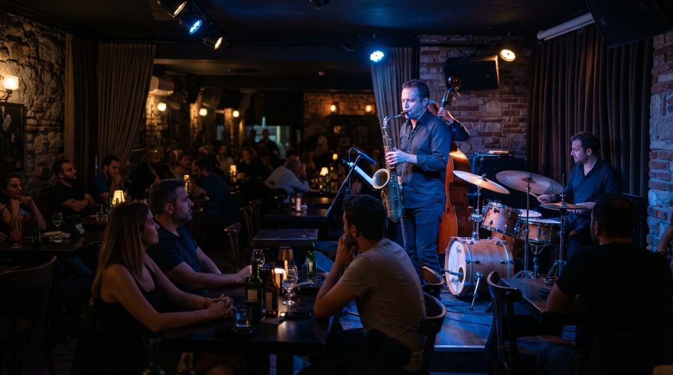 Nardis Jazz Club below Galata Tower, a dim intimate room with a small stage, close-set tables and blue light catching the brass of a saxophone