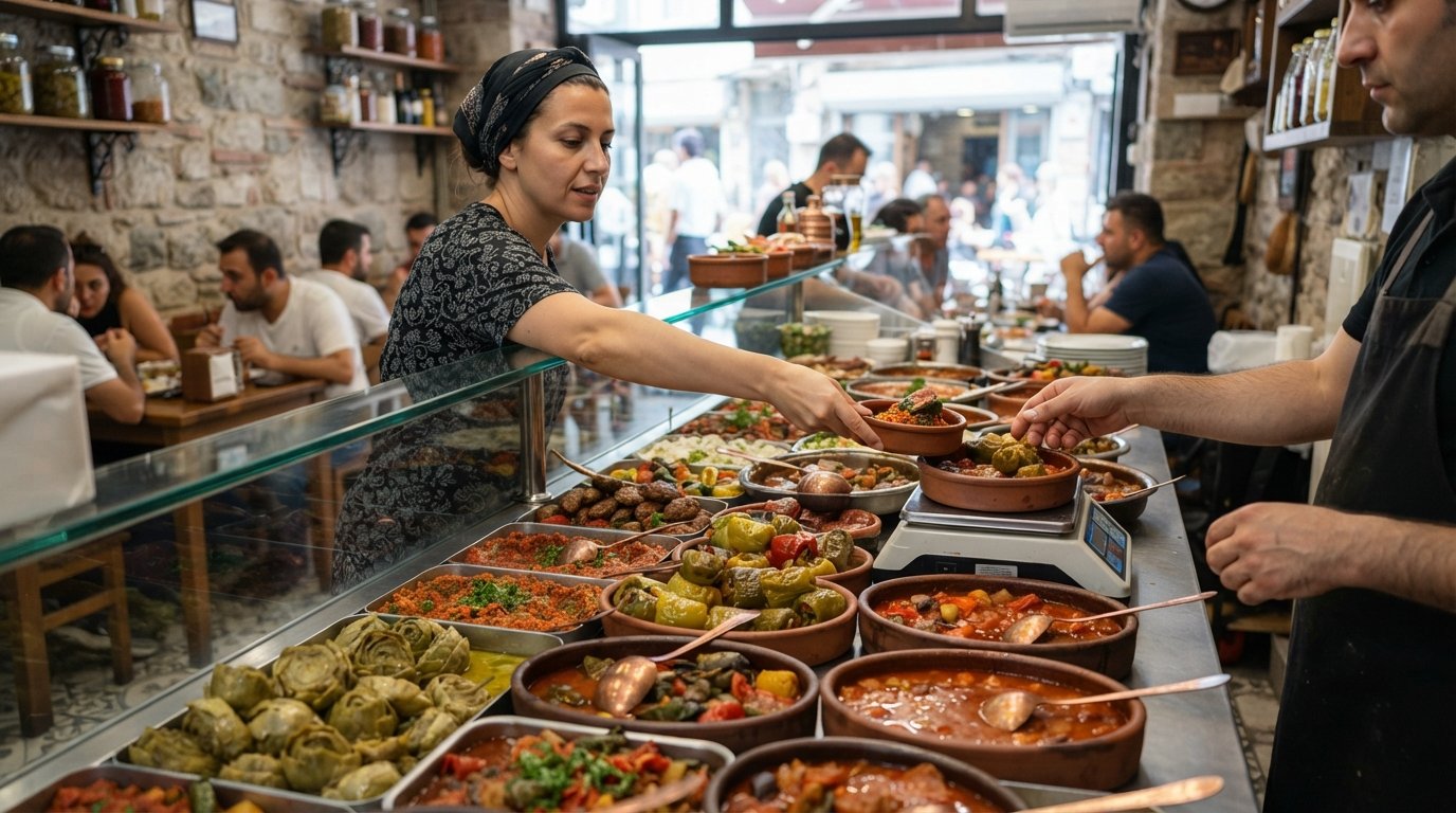 the counter at Çiya Sofrası on Güneşlibahçe Sokak, trays of regional mezes and stews under bright indoor light, hands choosing dishes by weight