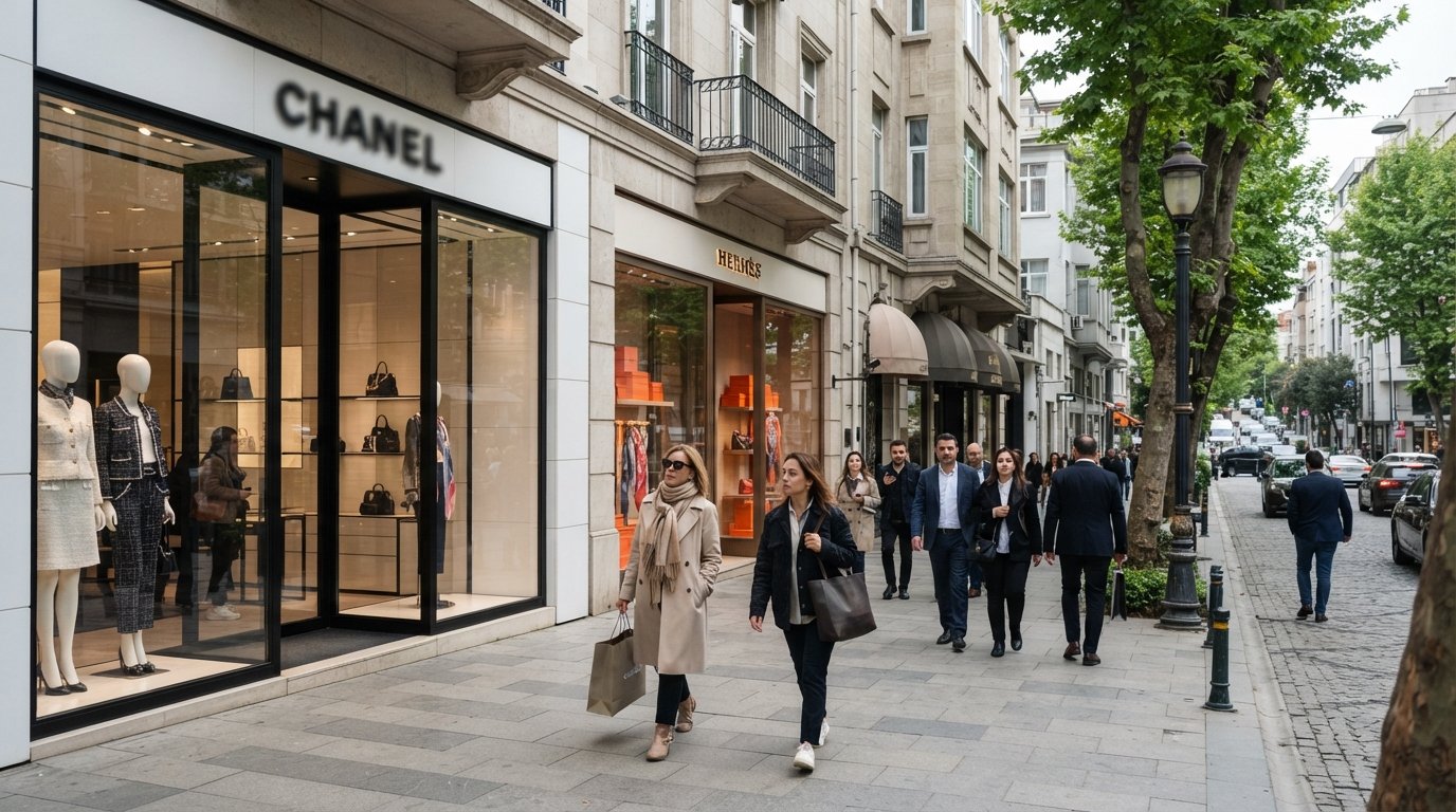 Abdi İpekçi Caddesi storefronts with Chanel and Hermès signs, polished windows and pedestrians on the most expensive retail street in Turkey