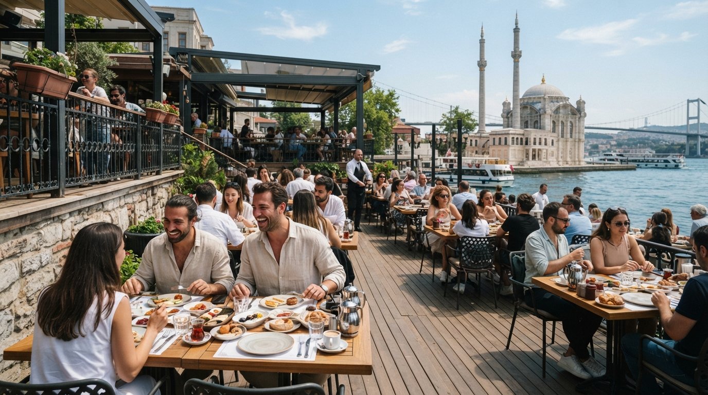 the open-air terraces of The House Cafe Ortaköy facing the Bosphorus, tables set for brunch with the water beyond