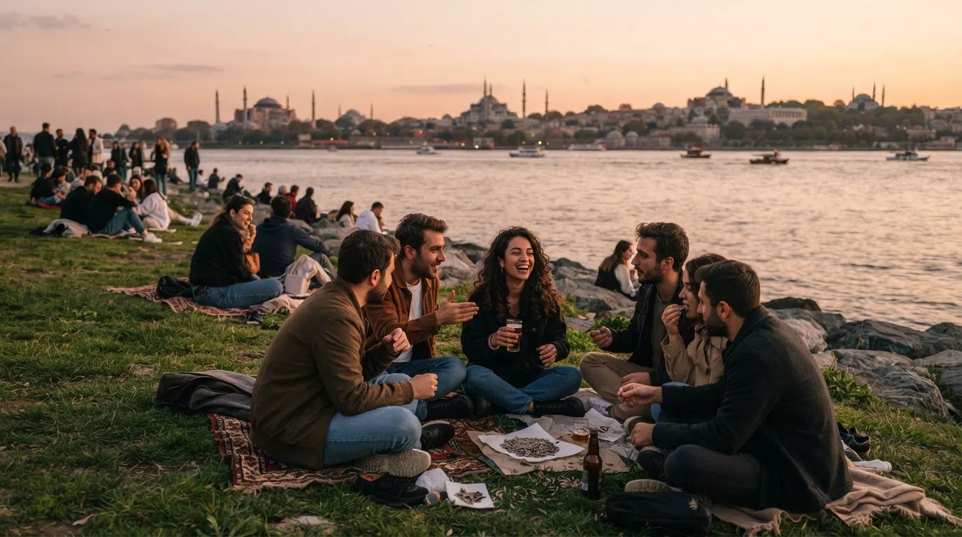 Moda seafront at sunset, locals sitting on the grassy shoreline with beer and sunflower seeds, the old-city domes across the Marmara in the distance